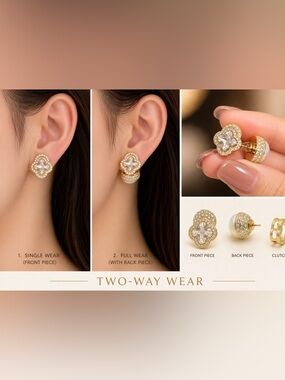 Fashion Jewelry Gold Two-Way Clover Crystal Earrings